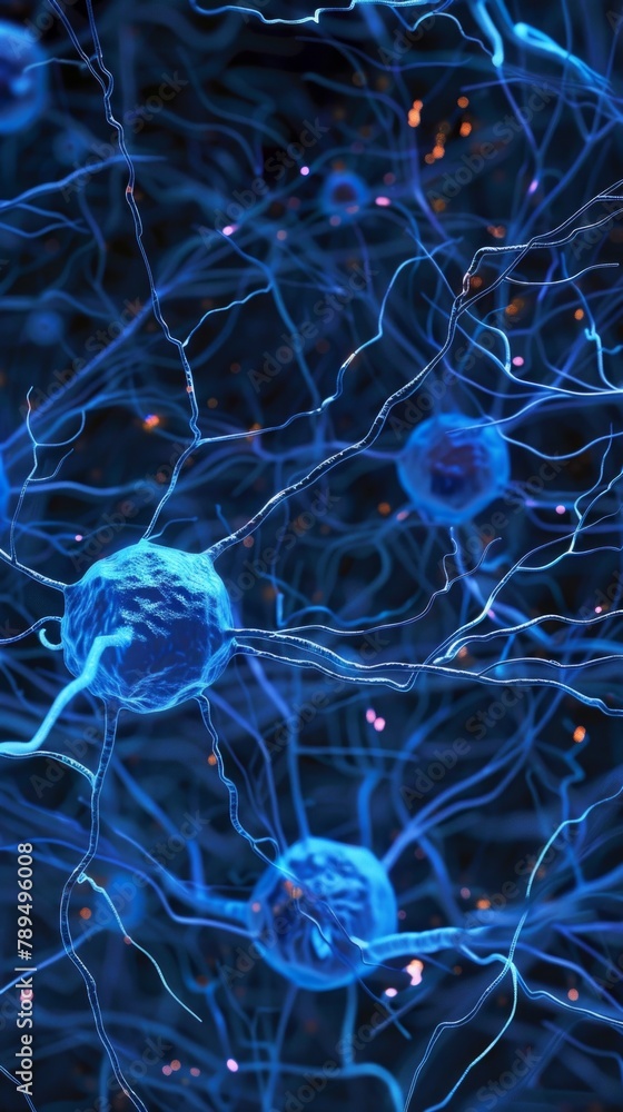 Aufkleber digital illustration of a neural network with blue neurons and glial cells highlighting concepts of 