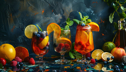 Artistic Fruit Cocktail Display, Berries and Citrus, Lush Garnishes, Vibrant and Inviting
