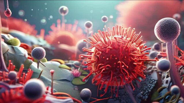 the world under the microscope. A bacterium grows in a benign environment. A virus.