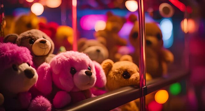 Stuffed animals in an arcade machine. Hook machine.