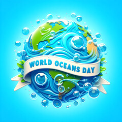 World Oceans Day 8 June Save our ocean with beautiful coral and seaweed background 3D text.