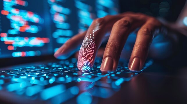 A software engineer coding on a laptop with a built-in fingerprint scanner for enhanced security - Powered by Adobe