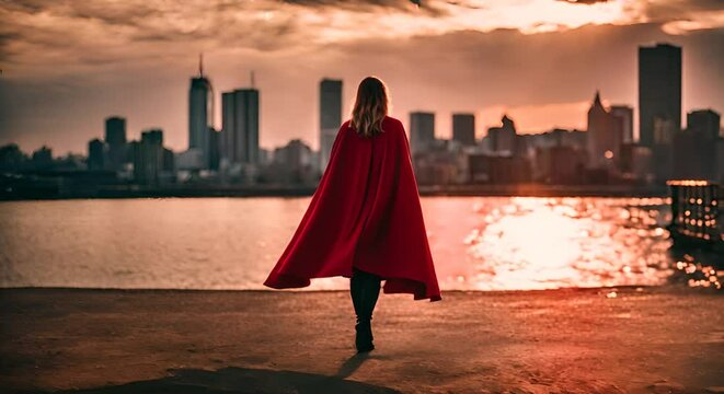 Woman with superhero cape.