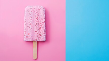 Pink sponge with an ice cream stick on the baby on pink and blue background - obrazy, fototapety, plakaty