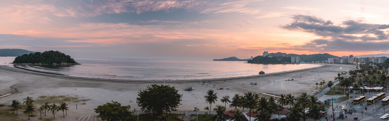 Panorama from the coast of Santos and Sao Vicente Brazil, during sunset.