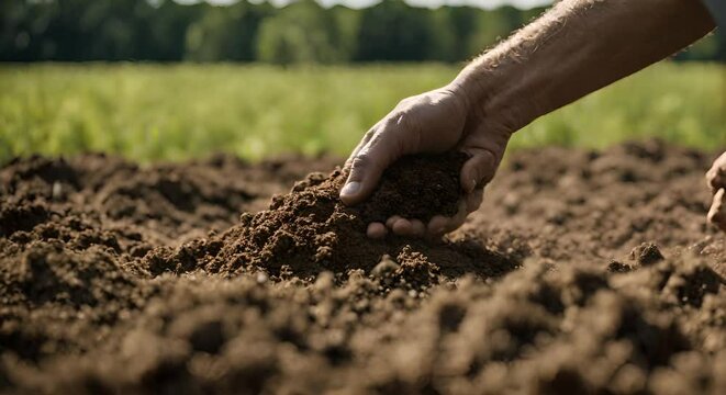 Hand of a farmer taking soil from a crop.