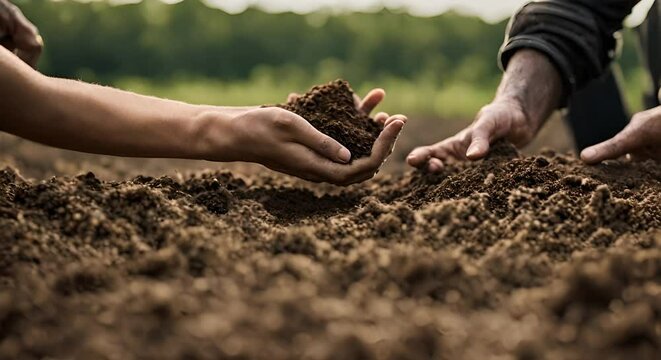 Hand of a farmer taking soil from a crop.