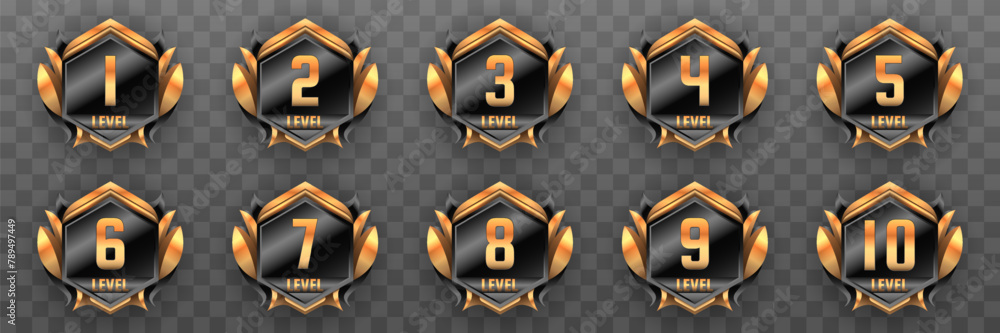 Poster black and gold themed game gui level up badges for game ui designs
