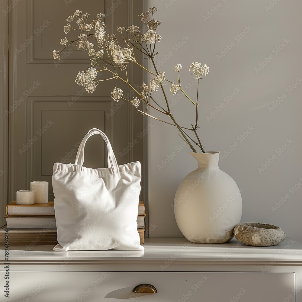 Poster a white bag sits on a table next to a vase with flowers. the scene is simple and clean, with a focus
