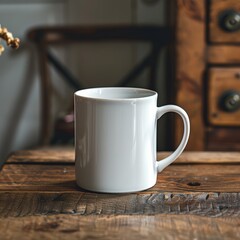 Obraz na płótnie Canvas A white coffee mug sits on a wooden table. The mug is empty and has a clean, minimalist design. The wooden table provides a warm and natural backdrop for the mug, creating a cozy