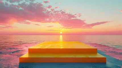 Foto auf Alu-Dibond Rouge 2 A yellow podium is on a beach with a beautiful sunset in the background. The scene is serene and peaceful, with the sun setting over the ocean. The yellow podium stands out against the blue water
