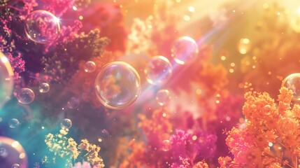 Transport yourself to a realm of surreal beauty with an abstract PC wallpaper featuring translucent bubbles gliding through a symphony of vibrant and contrasting colors - obrazy, fototapety, plakaty