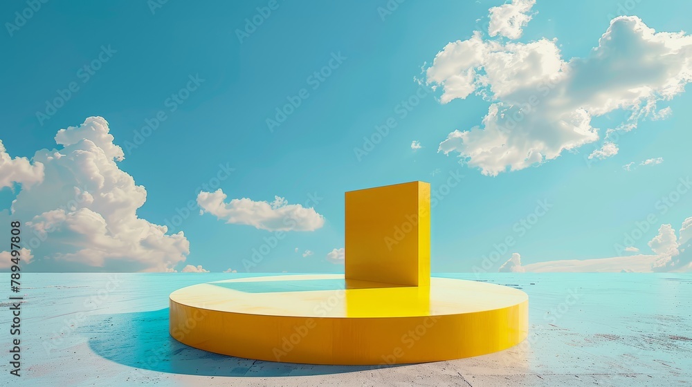 Poster a yellow square sits on a round platform in front of a blue sky. the sky is filled with clouds, givi
