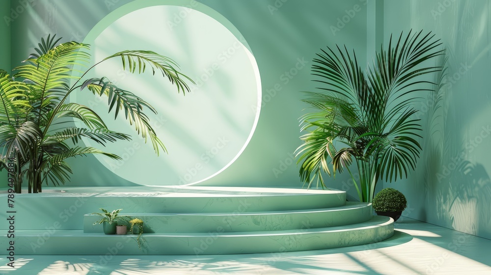Poster a green room with a large circular window and a green plant in the middle. the room is designed to l