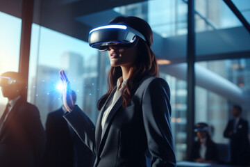 Female executive exploring virtual worlds, wearing VR equipment in a well-lit conference room - obrazy, fototapety, plakaty