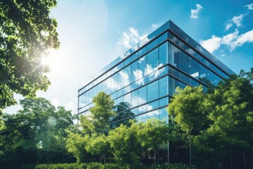 Modern glass office building surrounded by lush greenery, reflecting sunlight with a clear blue sky background - obrazy, fototapety, plakaty