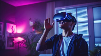 Man in casual attire fully engaged with a VR headset, experiencing futuristic technology at home - obrazy, fototapety, plakaty
