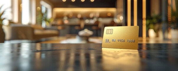 Simple gold credit card on a black table in an updated workplace