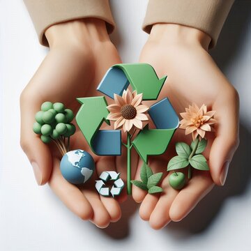 Recycling, a hand holding a recycling symbol surrounded by flowers and greenery and a globe, 3D rendering