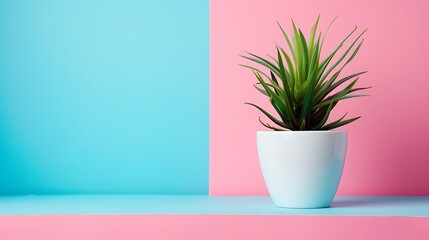plant in white pot on pink and blue background