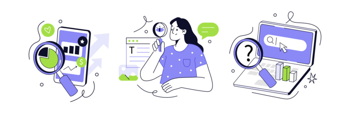 Seo analysis concept set. Character optimizing and analyzing web traffic to improve conversion rate and website performance. Vector illustration.