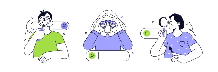 Search concept set. Collection of characters holding binocular, magnifier glass and searching or browsing internet. Vector illustration.