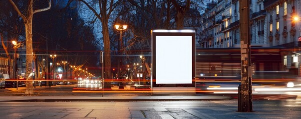   An urban bus stops blank white digital board at night, illuminated by city lights and surrounded by passing vehicles