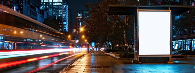   An urban bus stops blank white digital board at night, illuminated by city lights and surrounded by passing vehicles