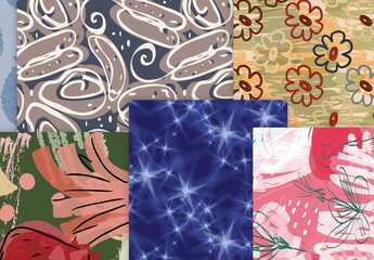 Seamless Pattern Collection with Hand Drawn Rough Abstract Strokes and Floral Elements