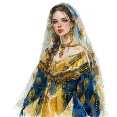 Watercolor Morocco woman wearing a blue and gold scarf with gold beads on her head