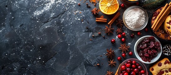 Christmas baking ingredients including gingerbread, fruitcake, and seasonal beverages on a black...