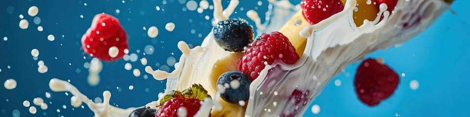 Fresh mixed berries, a banana, and milk are shown up close against a blue backdrop. - obrazy, fototapety, plakaty