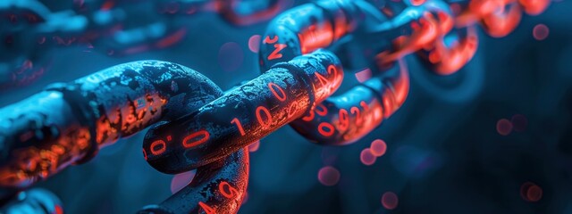 An image of a chain link with burning red numbers written on each link and a digitally blurred blue background - obrazy, fototapety, plakaty