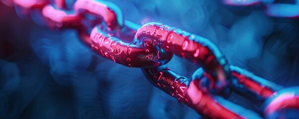 An image of a chain link with burning red numbers written on each link and a digitally blurred blue background - obrazy, fototapety, plakaty