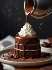 hot chocolate pouring onto a cake - 789499083