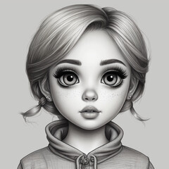 Animated Portrait of a Young Girl With Big Eyes and Pigtails in Black and White