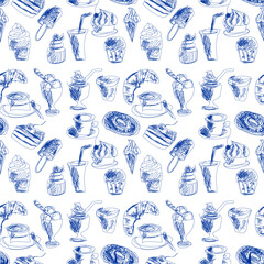 Seamless pattern with drinks an desserts art print for textile, paper, wallpaper decor design food kitchen cafe restaurants 