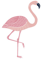 Pink flamingo png animal sticker vintage linocut hand drawn