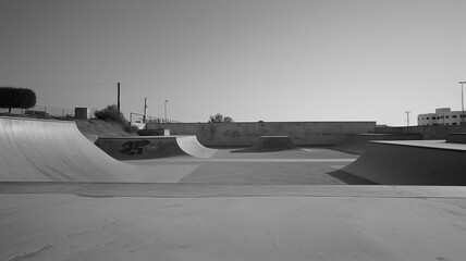 Black and white photography of the empty skateboard area. Creative art photography