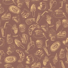Seamless pattern with drinks an desserts art print for textile, paper, wallpaper decor design food kitchen cafe restaurants 
