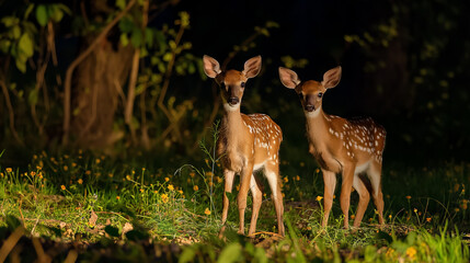 Two young deer, or fawns, are spotlighted in a forest clearing at dusk, their innocence and beauty captured in the soft evening light.