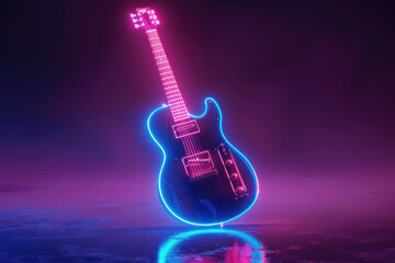 Naklejka premium electric guitar with neon light standing on dark background