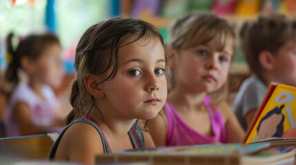Obraz premium Young child sits focused in a colorful classroom, her eyes reflecting the concentration and curiosity of learning.