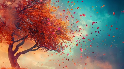 Obraz na płótnie Canvas Transport yourself to a realm of natural beauty with this stunning illustration background showcasing an elegant tree with vibrant leaves cascading from its branches