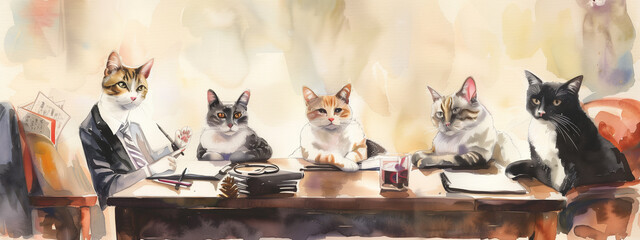 well-dressed cats come together for a formal meeting, discussing strategic plans and displaying their business prowess. Cartoon, watercolor painting. - obrazy, fototapety, plakaty