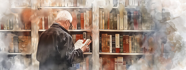 Nostalgic contemplation: an old man immerses himself in the pages of a book, surrounded by the faded grandeur of a vintage library. Watercolor painting style. - obrazy, fototapety, plakaty