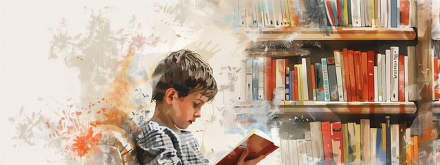A journey of imagination: a boy explores new worlds through reading, surrounded by the nostalgic charm of a vintage library. watercolor painting style.