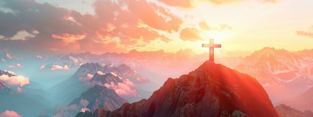 On the mountain, a cross, and hazy mountains in the distance