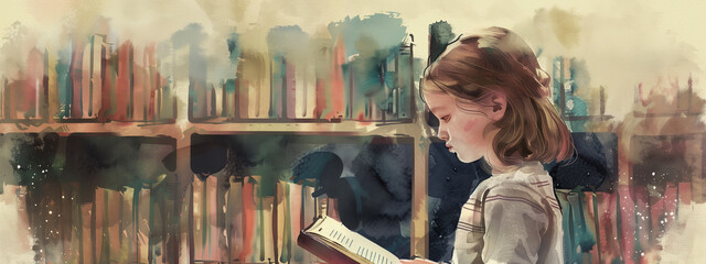 A journey of imagination: a girl explores new worlds through reading, surrounded by the nostalgic charm of a vintage library. watercolor painting style. - obrazy, fototapety, plakaty