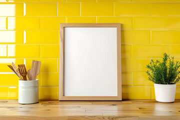 Wall art mockup of vertical blank frame on wooden table on yellow tiles background. Kitchen interior.